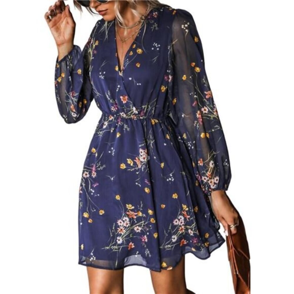 Women's Navy Blue Floral Print‎ Chiffon A-Line Mini Long Peasant Sleeves Dresses